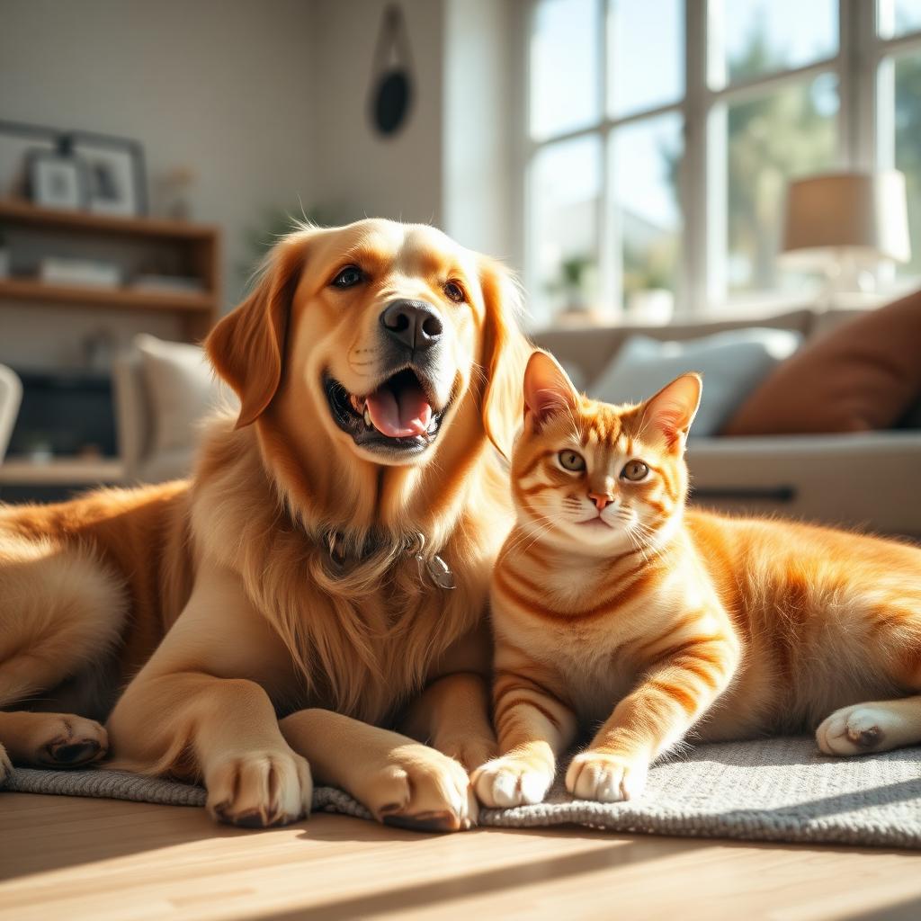 Golden retriever and orange tabby cat lounging in a sunlit living room